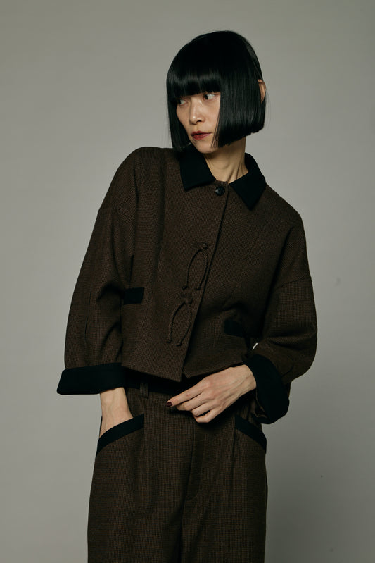 Pleated Sleeve Short Jacket / Brown