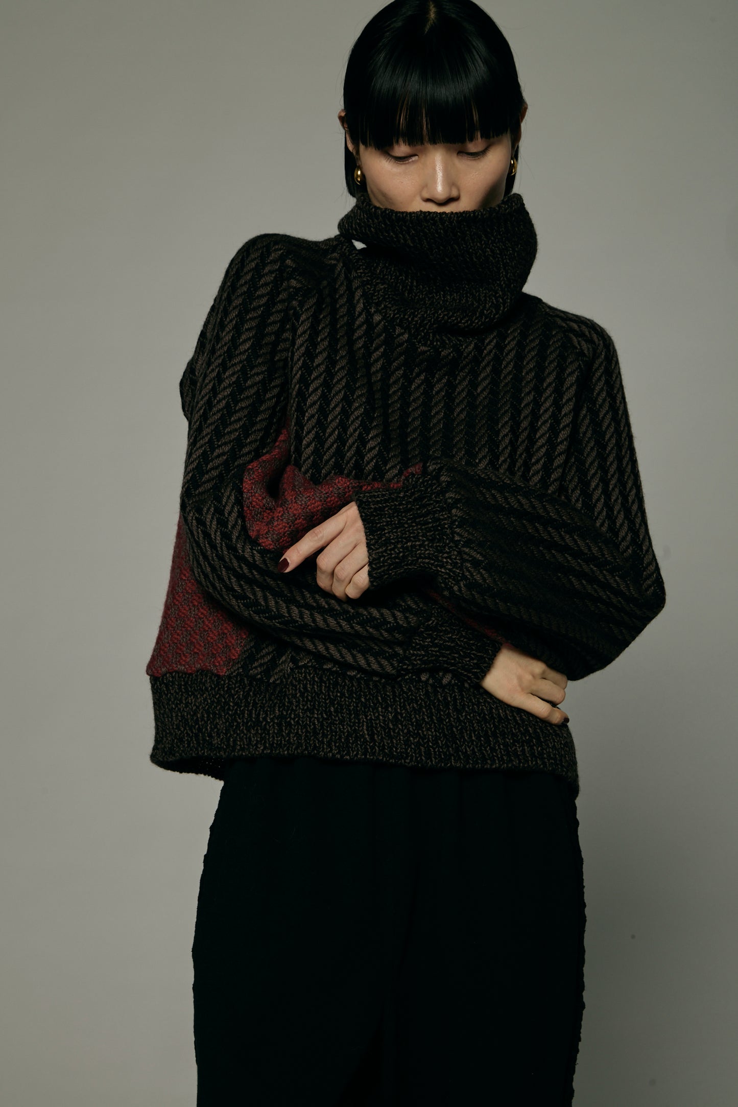 Herringbone × Dobby weave knit pullover / Black