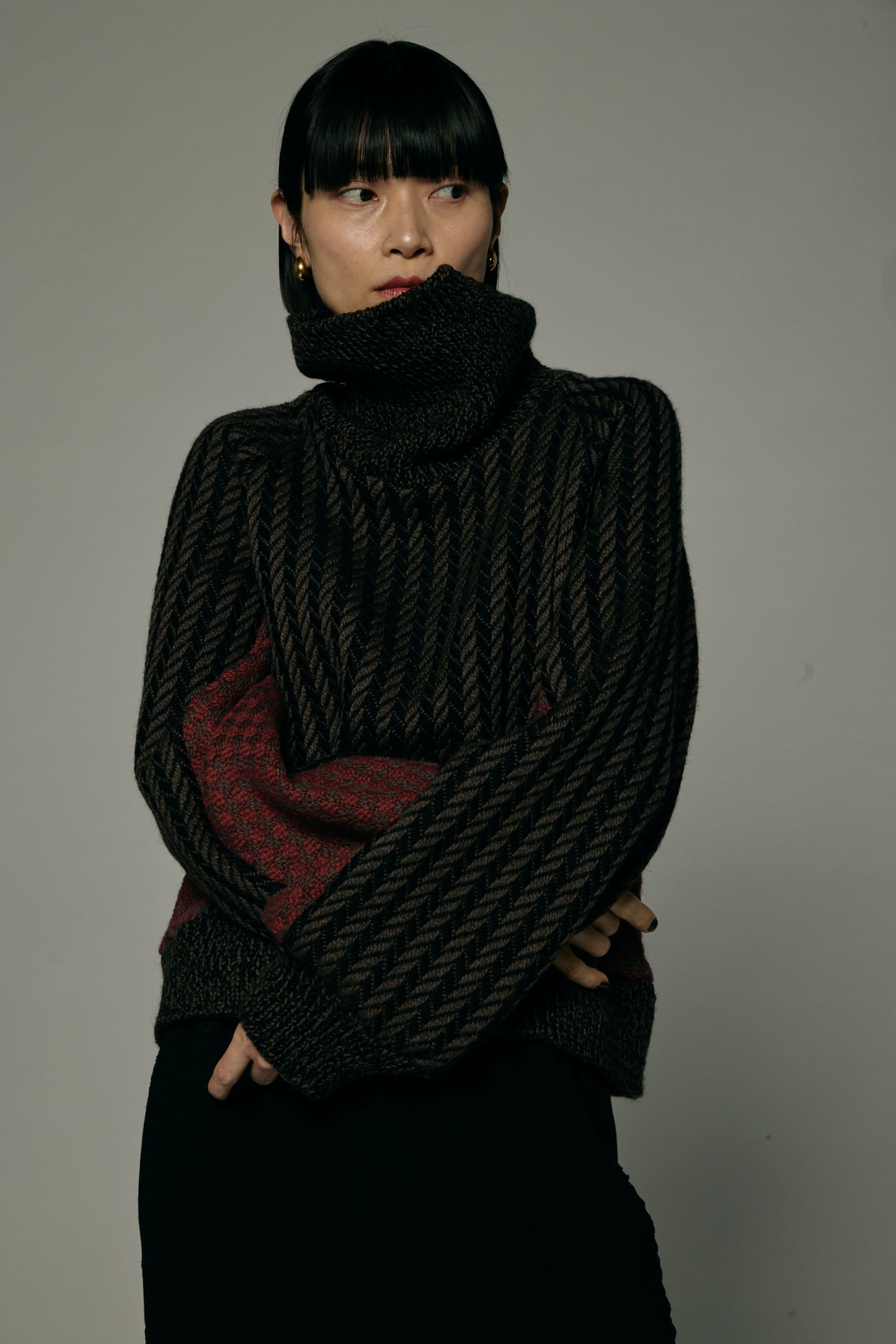 Herringbone × Dobby weave knit pullover / Black