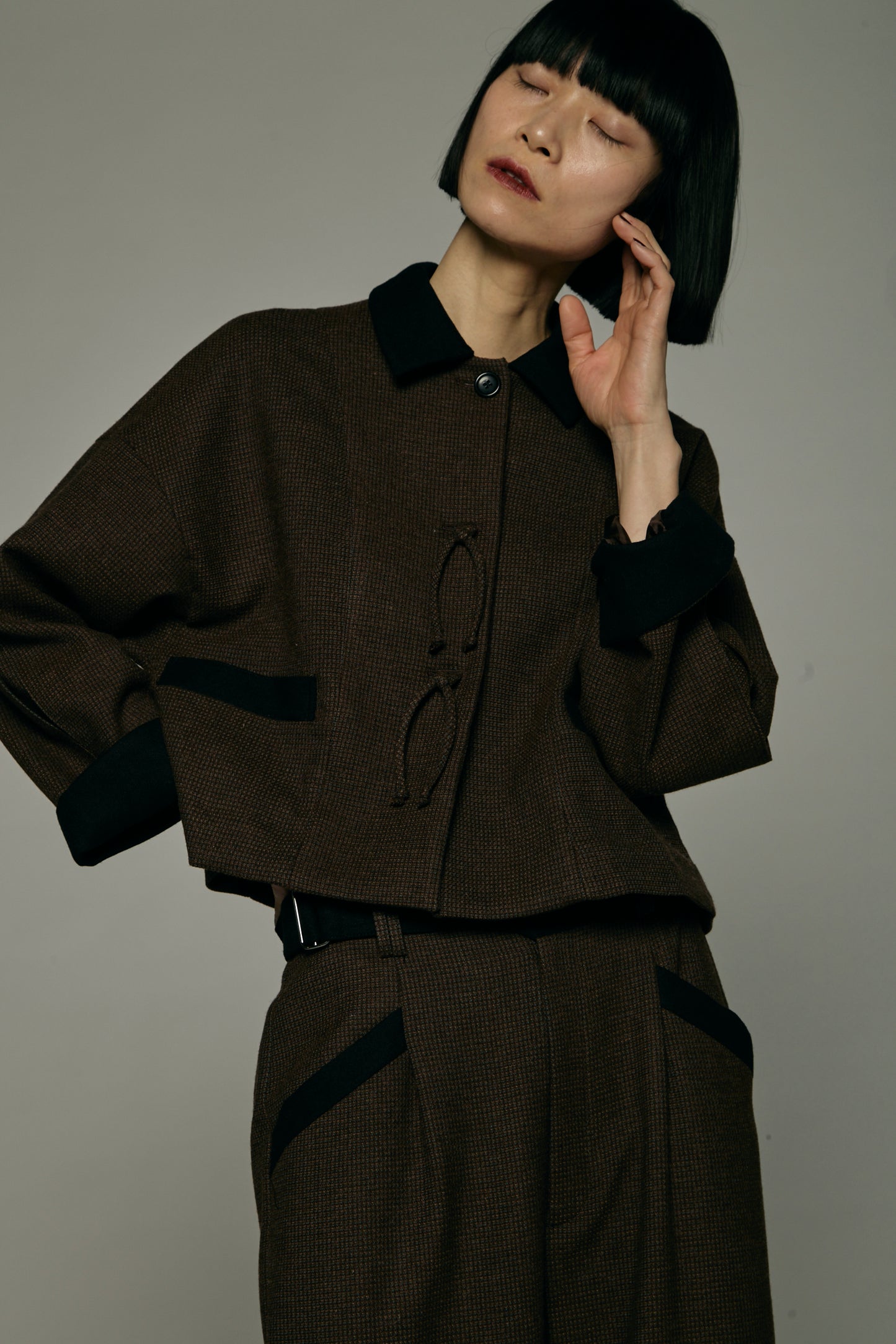 Pleated Sleeve Short Jacket / Brown