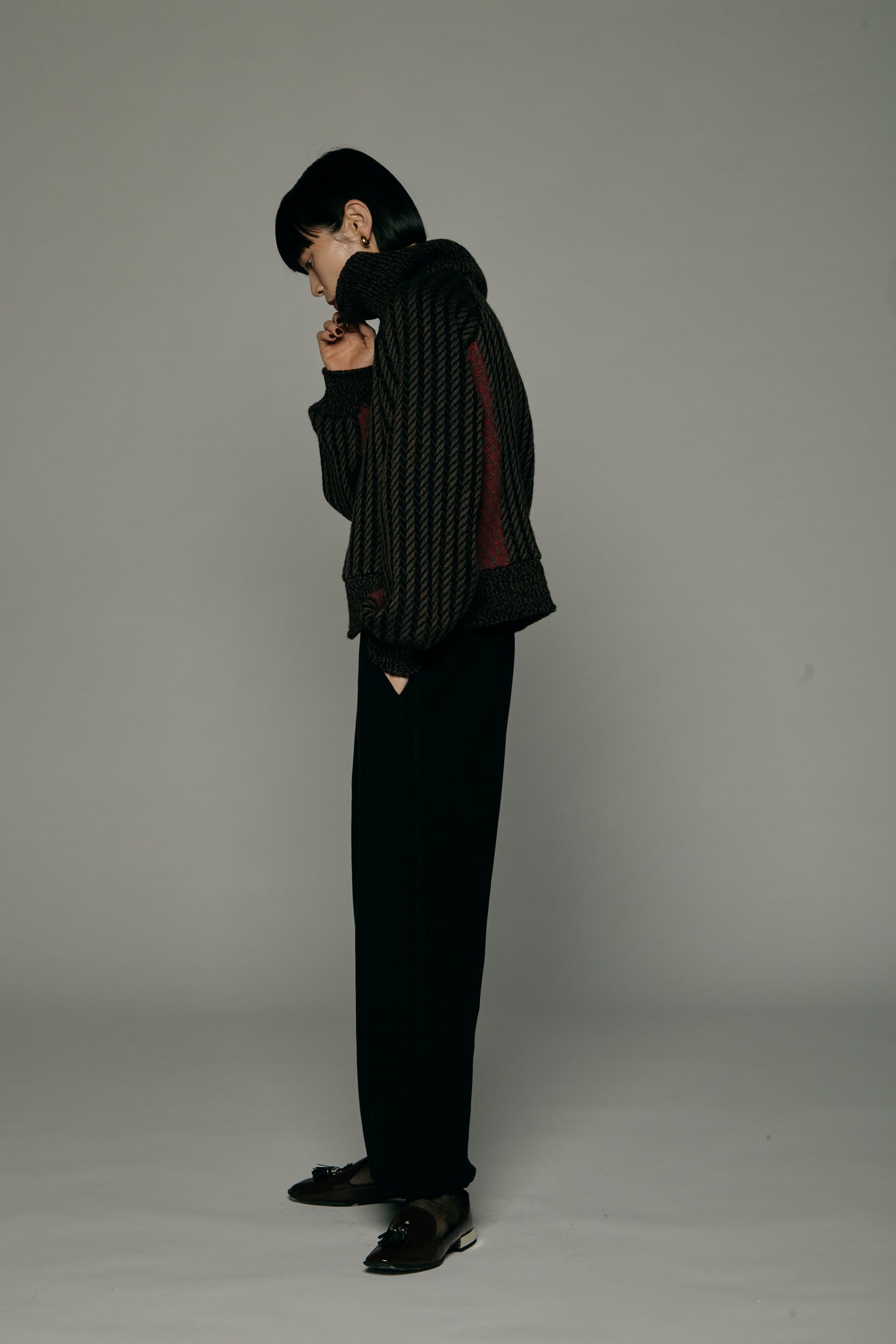 Herringbone × Dobby weave knit pullover / Black