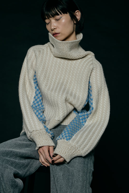 Herringbone × Dobby weave knit pullover / Ecru