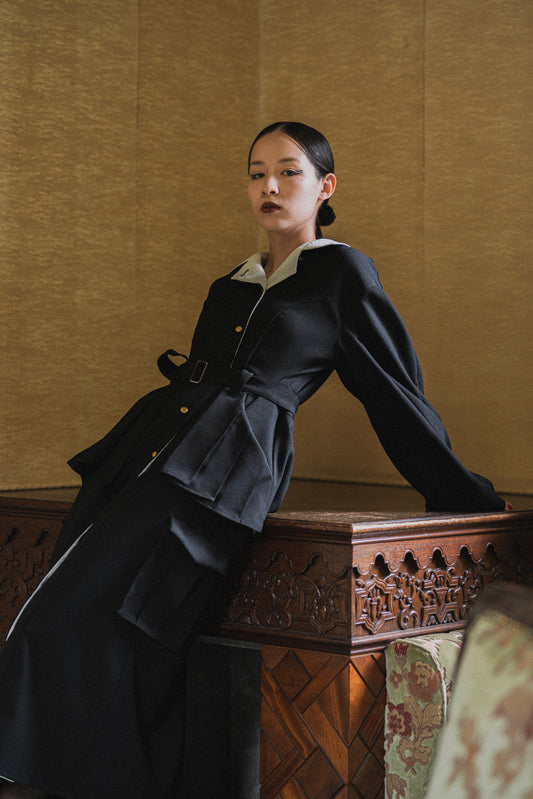 【Pre order】Pleats pocket Coat Dress / Black