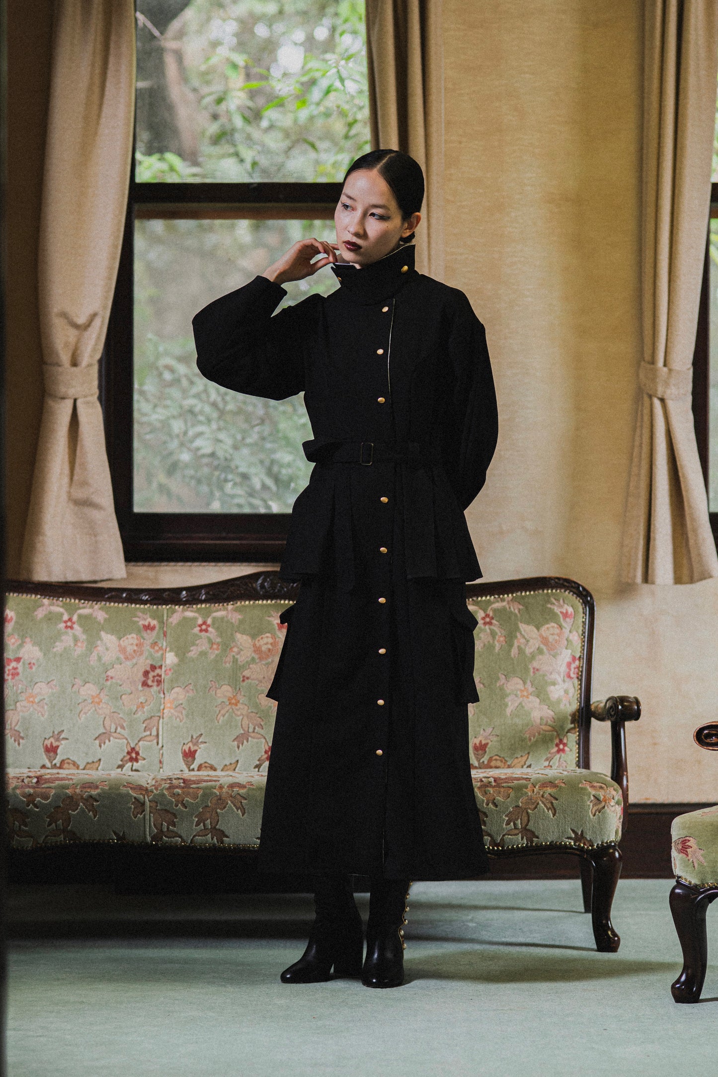 【Pre order】Pleats pocket Coat Dress / Black