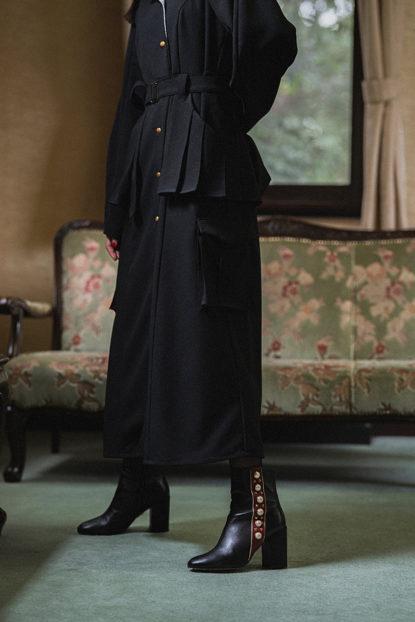 【Pre order】Pleats pocket Coat Dress / Black
