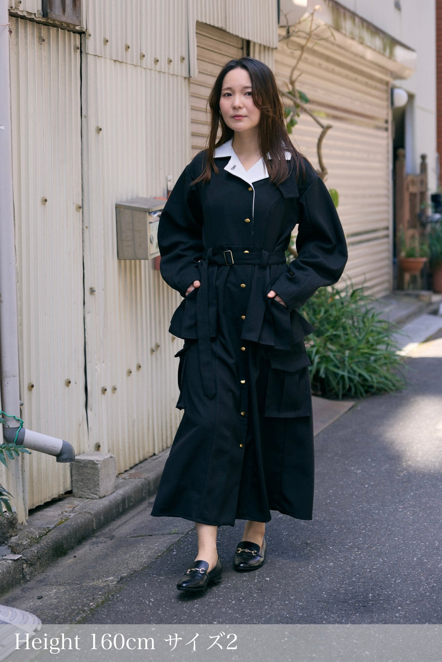 【Pre order】Pleats pocket Coat Dress / Black