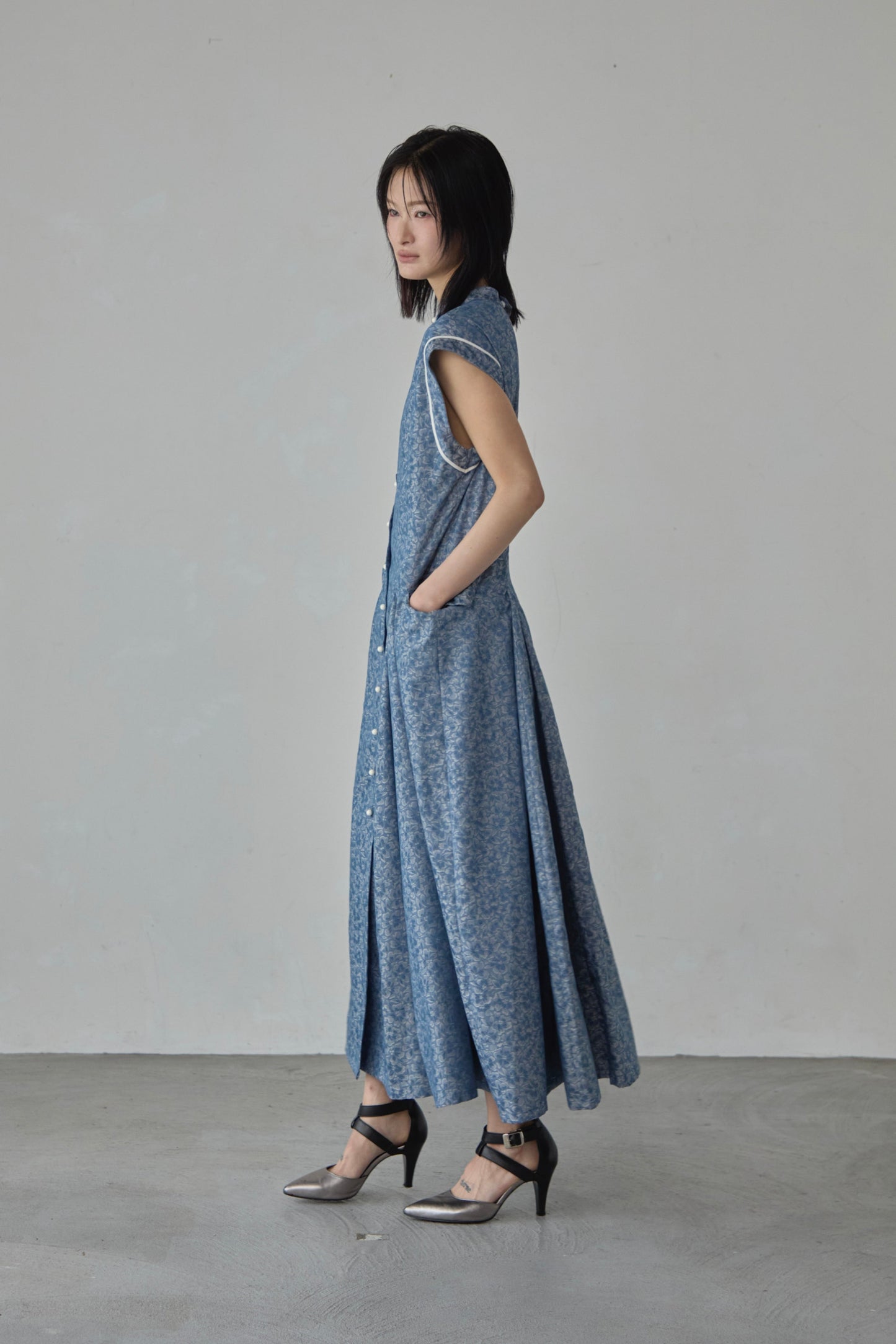 【Pre order】Godet skirt dress / Blue