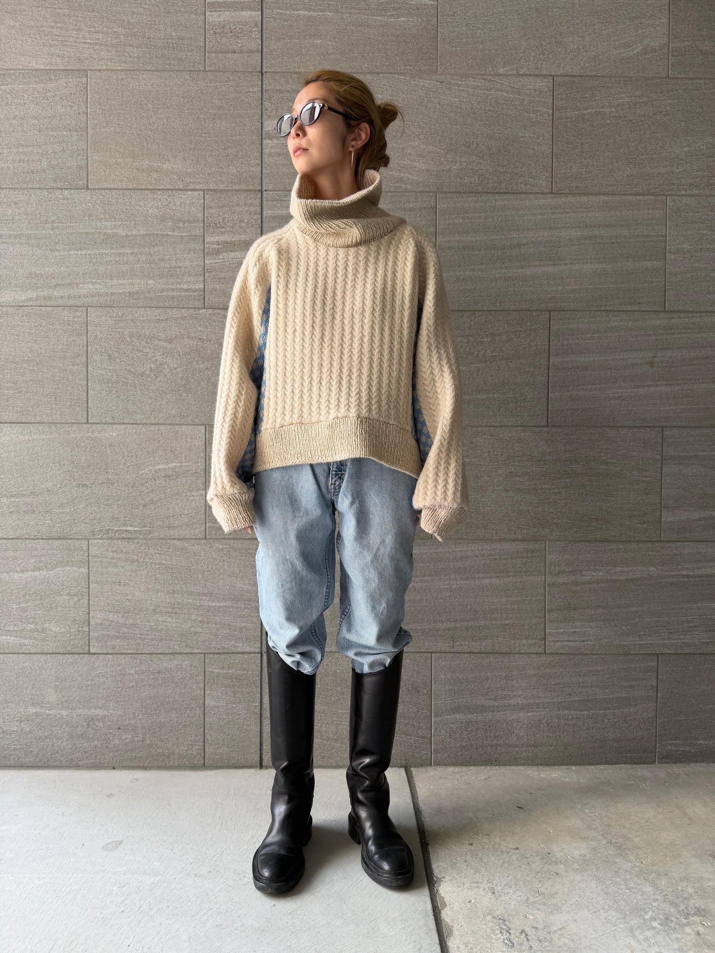 【Re order】Herringbone × Dobby weave knit pullover / Ecru