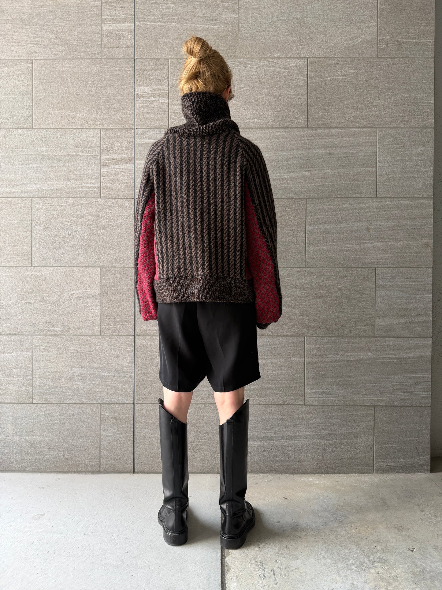 【Re order】Herringbone × Dobby weave knit pullover / Black