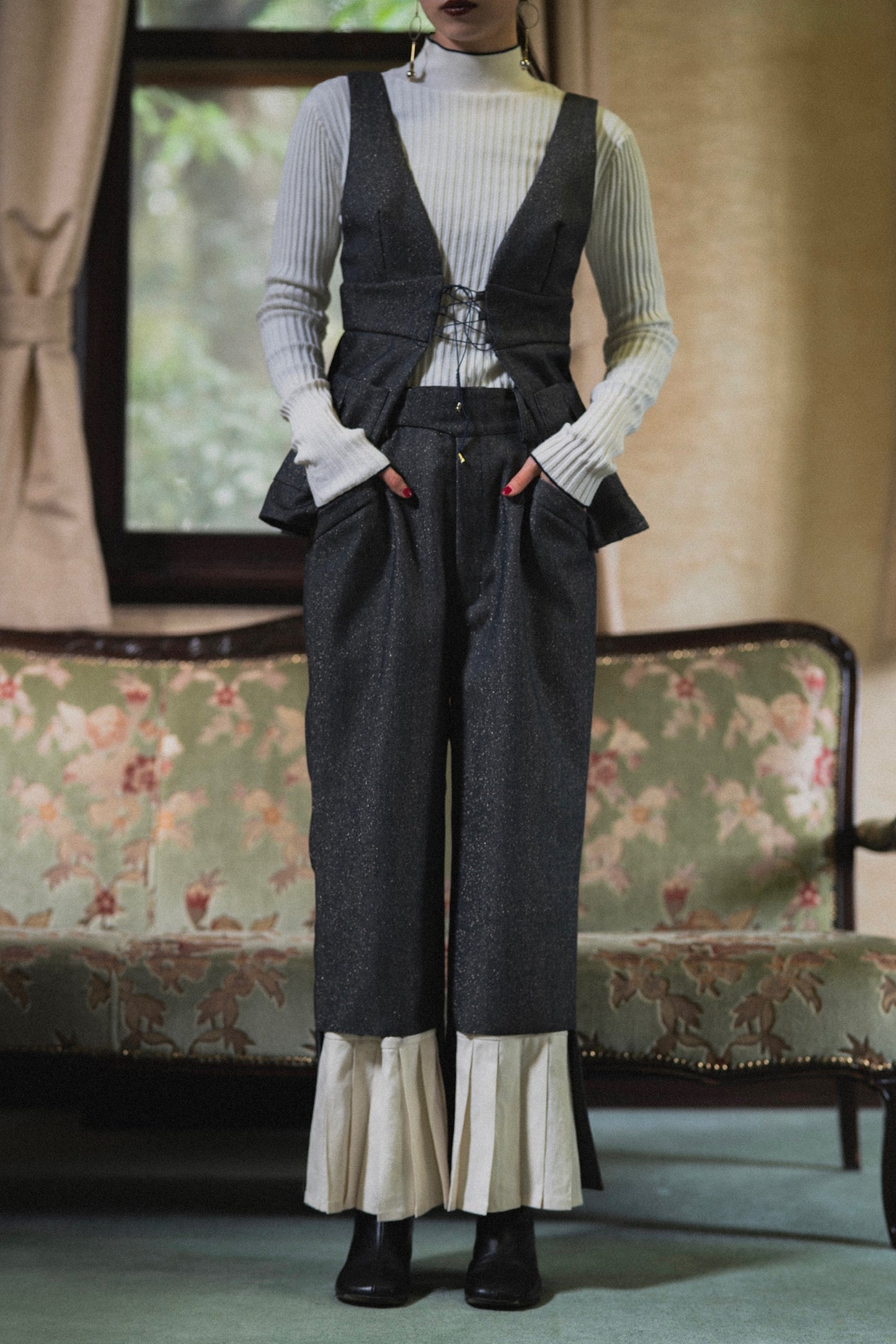 【Pre order】2way Pleated Hem Trousers / Navy