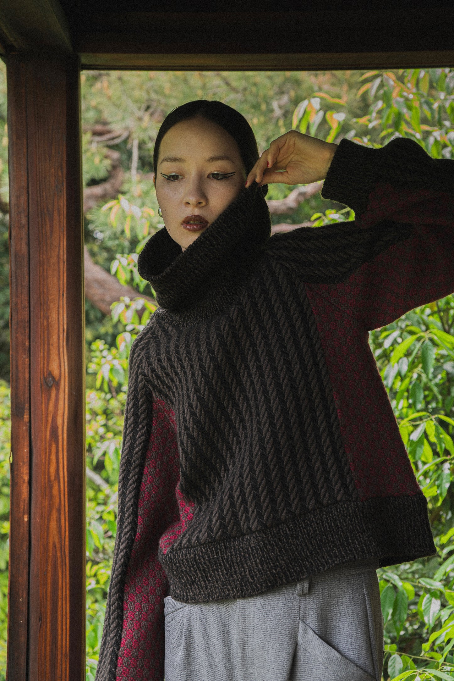 【Re order】Herringbone × Dobby weave knit pullover / Black