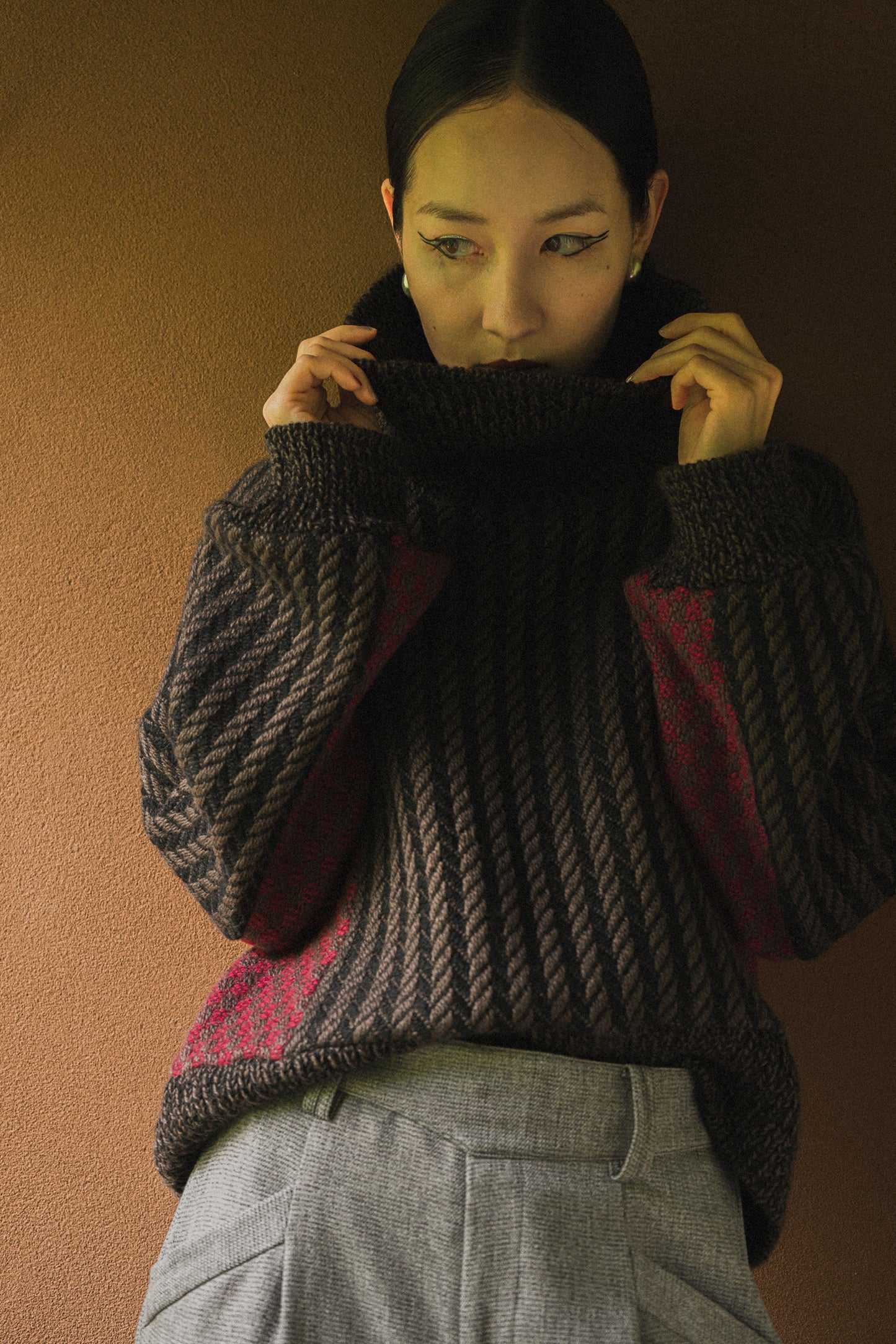 【Re order】Herringbone × Dobby weave knit pullover / Black