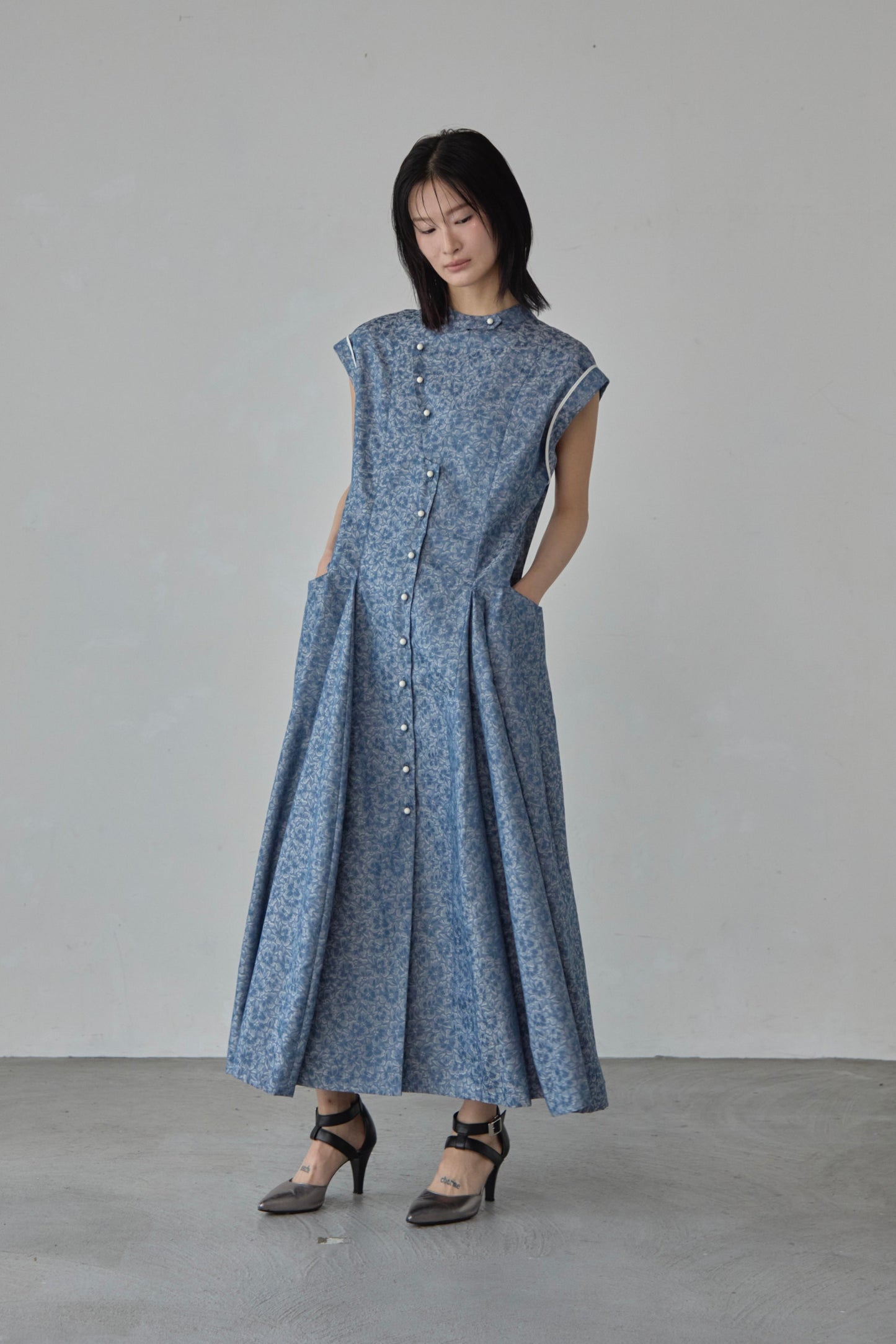 【Pre order】Godet skirt dress / Blue