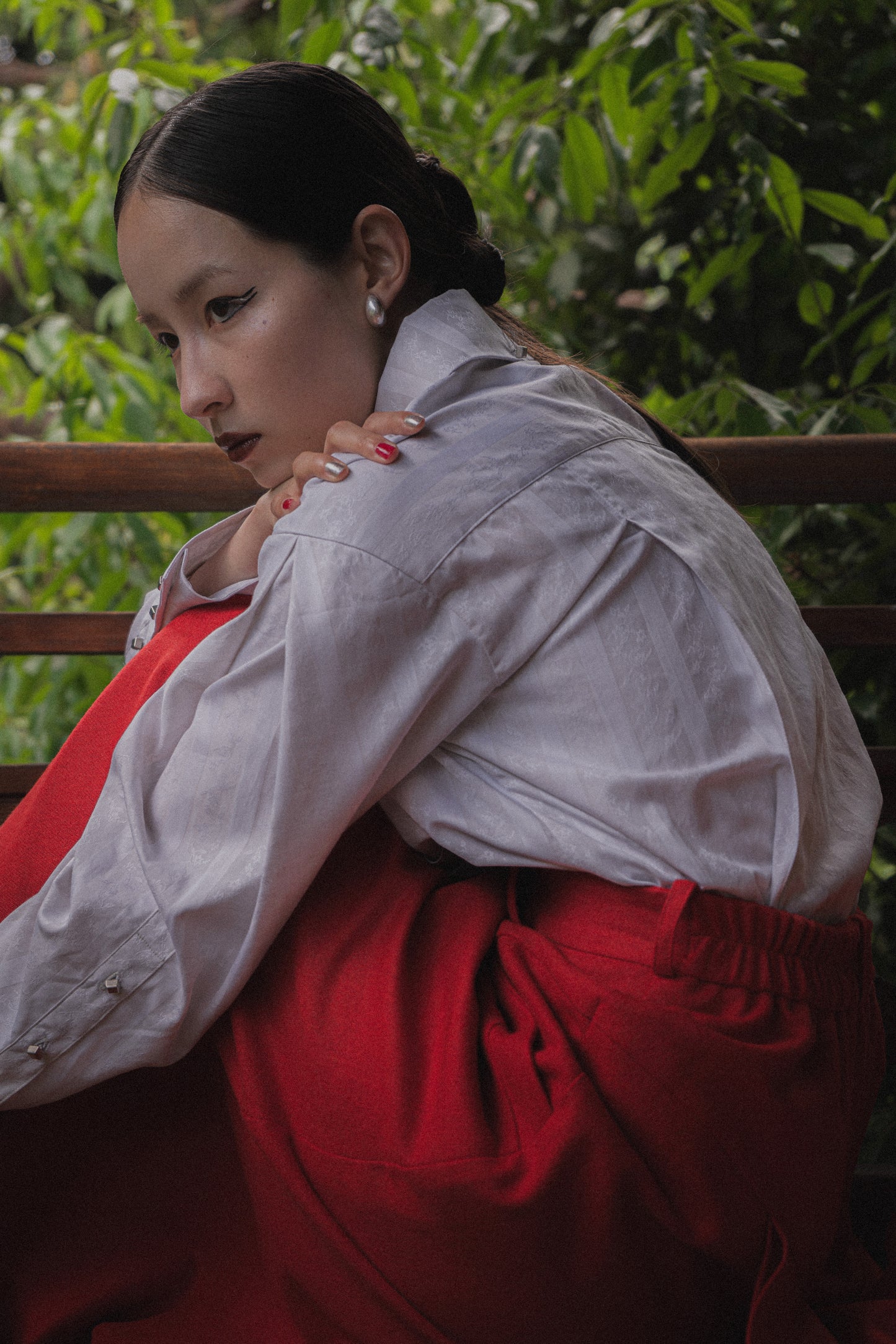 【Pre order】Metal button pleated blouse / Light gray