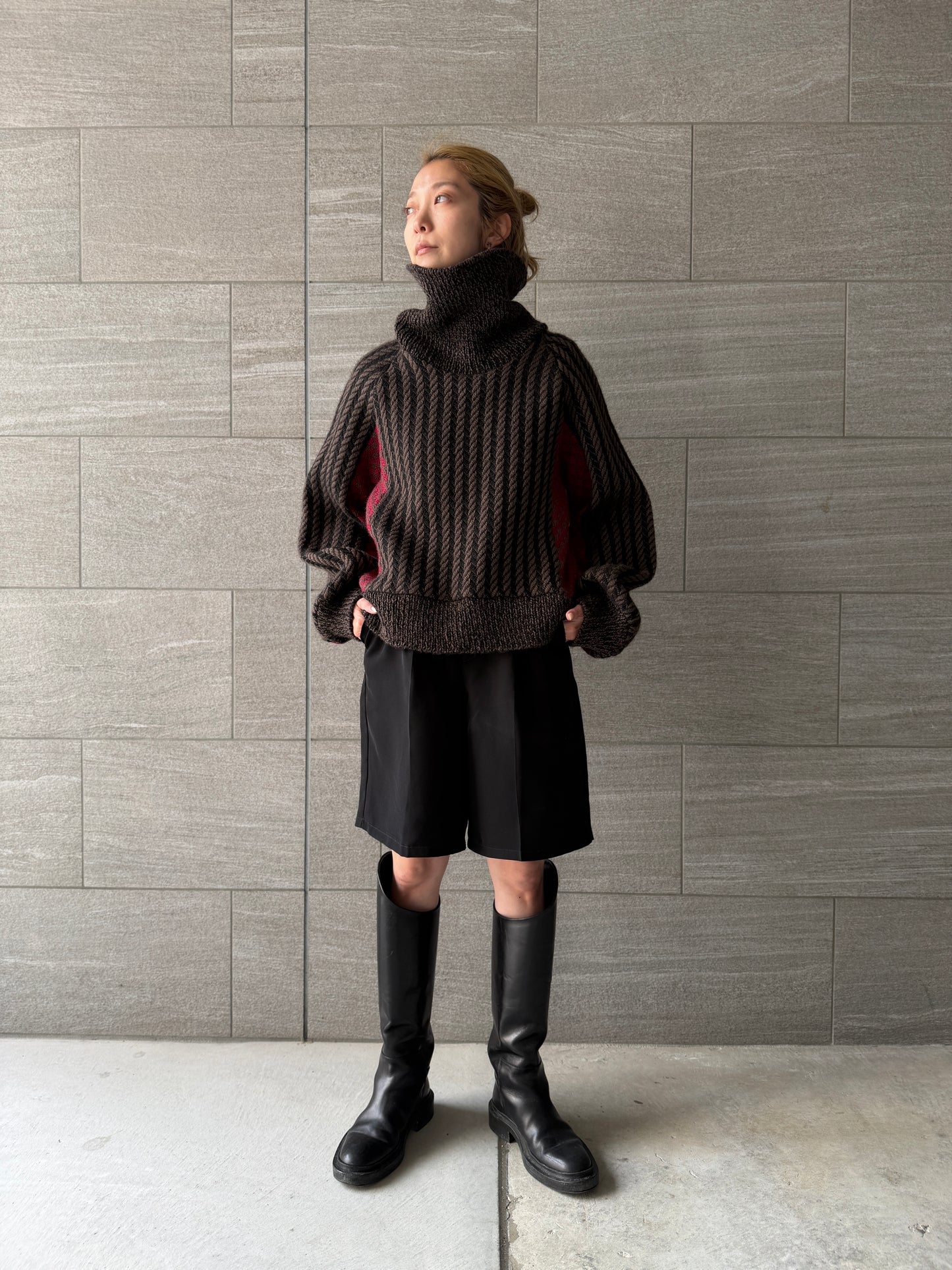 【Re order】Herringbone × Dobby weave knit pullover / Black