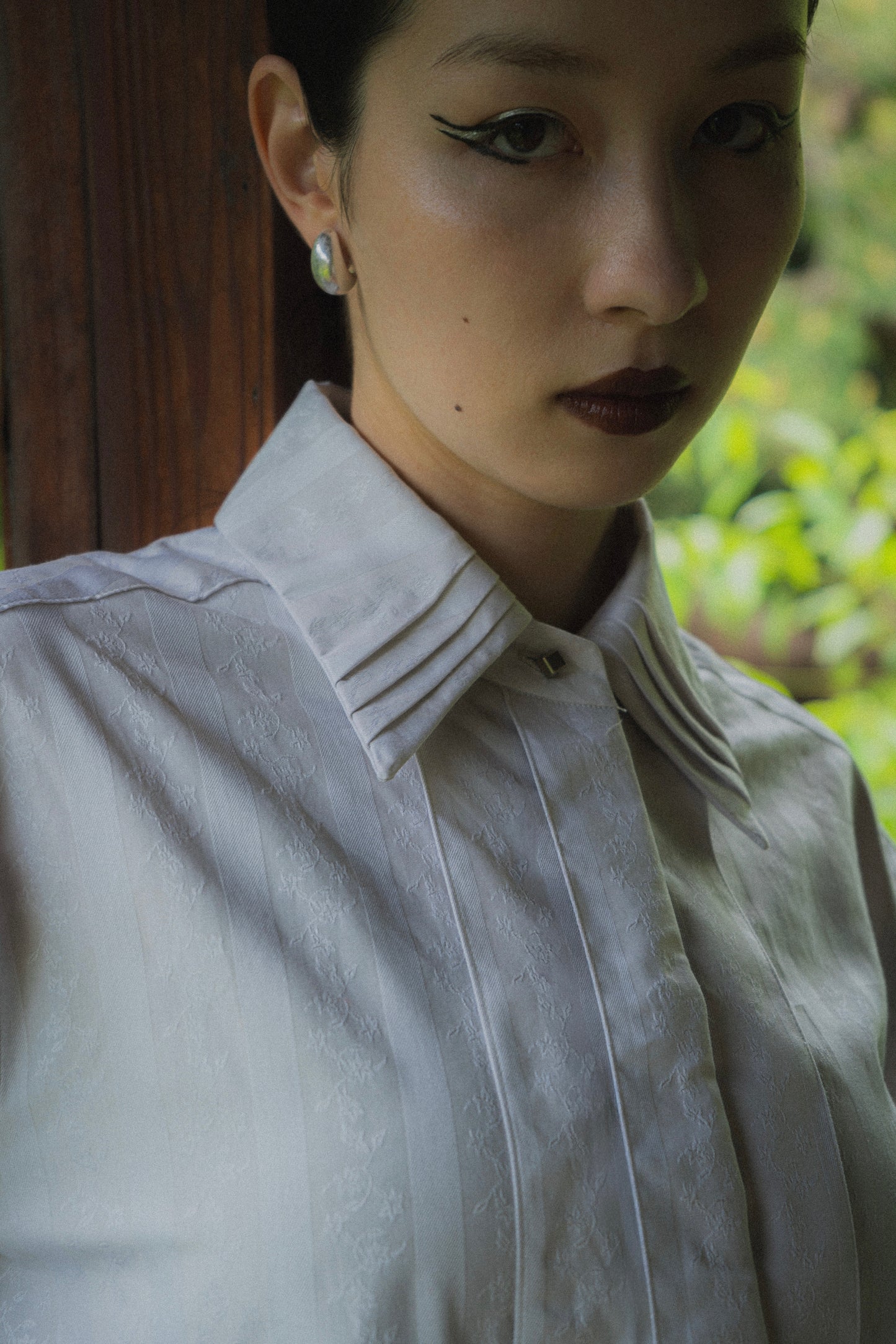 【Pre order】Metal button pleated blouse / Light gray