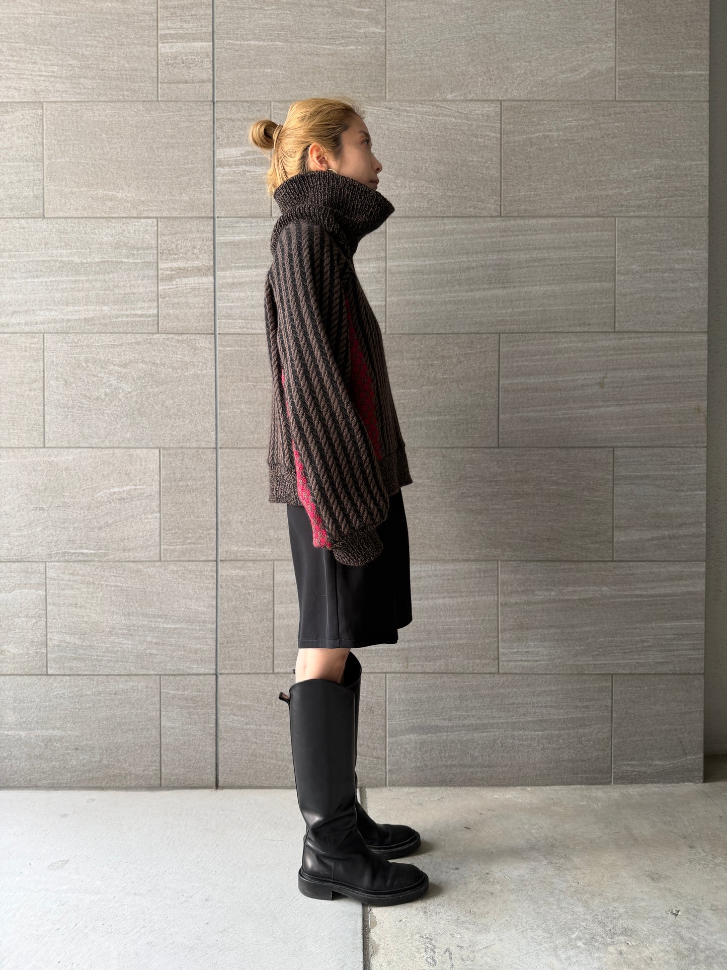 【Re order】Herringbone × Dobby weave knit pullover / Black