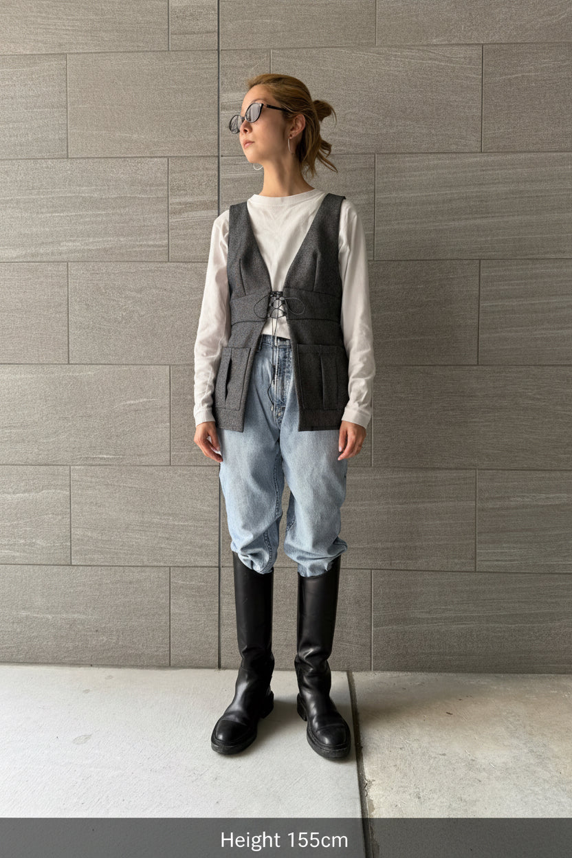 【Pre order】Lace up Pleated Vest / Navy