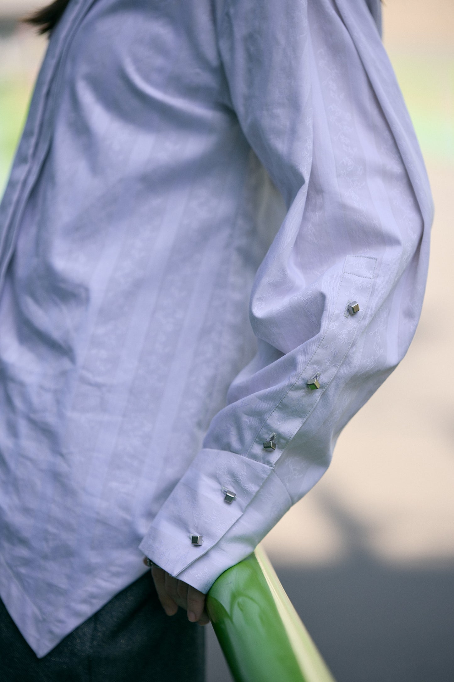 【Pre order】Metal button pleated blouse / Light gray
