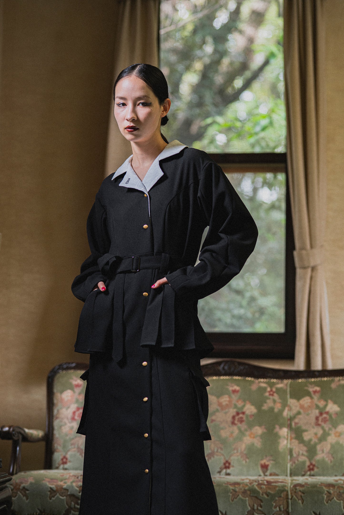 【Pre order】Pleats pocket Coat Dress / Black
