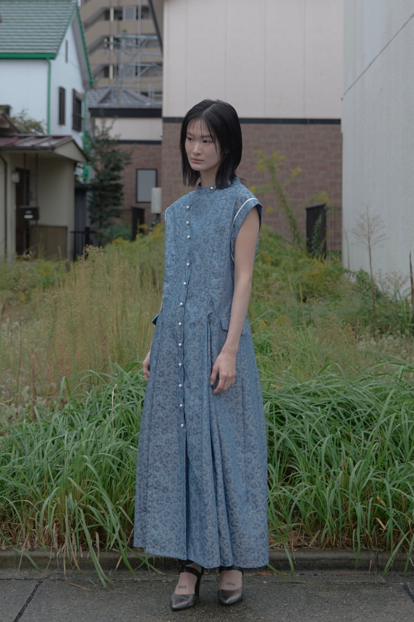【Pre order】Godet skirt dress / Blue